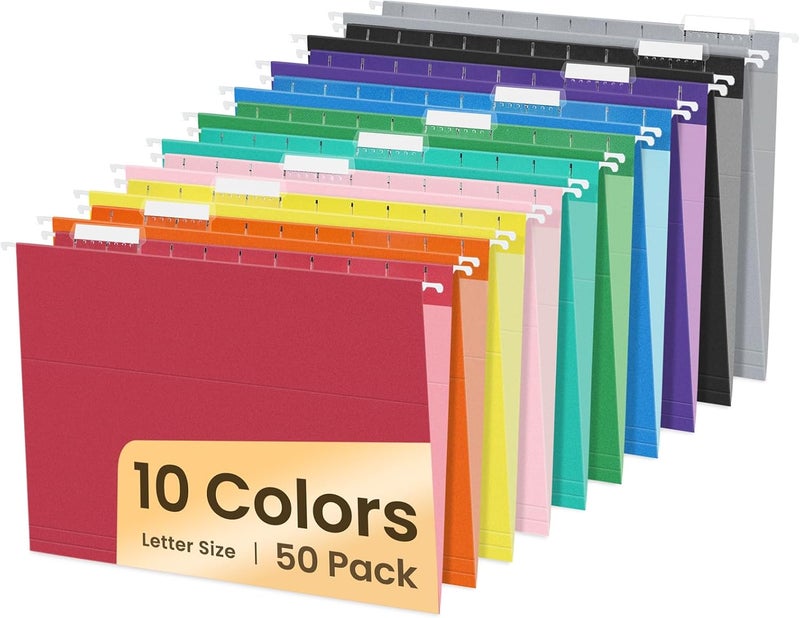 SUNEE Hanging File Folders, 50 Pack Letter Size Hanging File Folders with 1/5-cut Tabs, Stay Organized for Your Home and Office Bulk File, Documents and Paper,10 Assorted Colors - Image 1